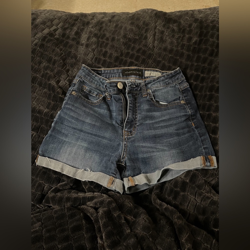 Aeropostale High Waisted Midi Jean Shorts (Dark Wash)